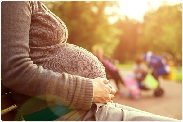 Pregnant woman sitting on park bench Pregnant woman sitting on park bench