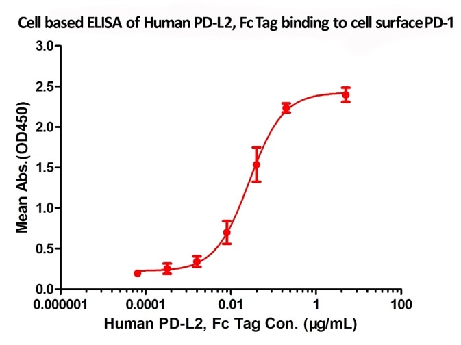 Flow Cytometry assay shows that recombinant human PD-L2 (Cat. No. PD2-H5251) can bind to 293 cell overexpressing human PD-1. The concentration of PD-L2 used is 1µg/mL.