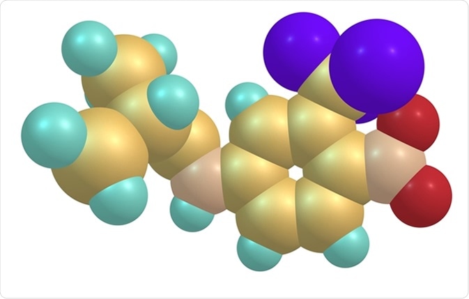 Flutamide is a nonsteroidal antiandrogen NSAA used primarily to treat prostate cancer. It acts as a selective antagonist of the androgen receptor. Image Credit: Igor Petrushenko / Shutterstock