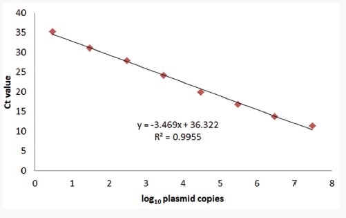 Linearity of the innuDETECT Pork Assay on qTOWER3 using plasmid DNA. The linear regression coefficient (R2) is 0.9955.