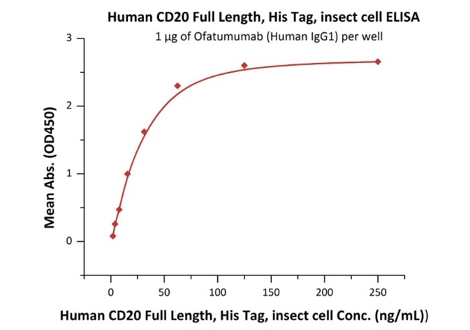 Immobilized Ofatumumab (Human IgG1) at 10 μg/mL (100 μL/well) can bind Human CD20 Full Length, His Tag, Insect cell (Cat. No. CD0-H55Ha) with a linear range of 2–31 ng/mL.