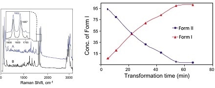 Raman spectra of Form I and Form II of solid-state progesterone (left). Concentrations of Form I and Form II polymorphs during crystallization monitored using Raman spectroscopy (right). Image credit: Kaiser Optical Systems, Inc. Raman spectra of Form I and Form II of solid-state progesterone (left). Concentrations of Form I and Form II polymorphs during crystallization monitored using Raman spectroscopy (right). Image credit: Kaiser Optical Systems, Inc.