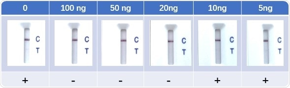 Lateral Flow Assay with spike-in neutralizing antibody serum samples (Cat No. SPD-M128). The anti-mouse IgG and RBD-his protein were coated to the control line and test line respectively. Colloidal gold labeled ACE2 and mouse IgG were immobilized in conjugate release pad.