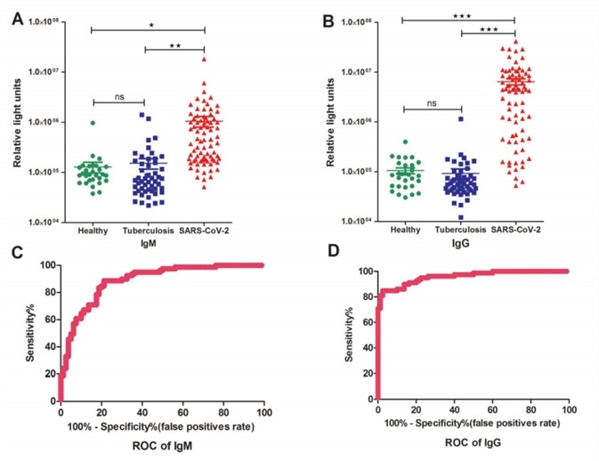 Detections and measurements of the SARS-CoV-2 IgM and IgG antibody in healthy people, tuberculosis patients and SARS-CoV-2 confirmed patients using the chemiluminescence immunoassay method (A and B). The average results were expressed as mean ± SEM of all individuals. Receiver Operating Characteristic curves for IgM (C) and IgG(D) were obtained based on the RLU for the SARS-CoV-2 patient group and the control group consisting of healthy cohorts and tuberculosis patients.