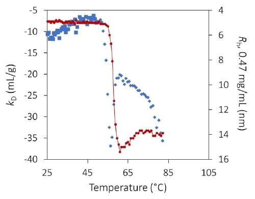 The diffusion interaction parameter kD, measured by dynamic light scattering, identifies the onset of protein unfolding and its impact on colloidal stability, before indications apparent in the hydrodynamic radius. The diffusion interaction parameter kD, measured by dynamic light scattering, identifies the onset of protein unfolding and its impact on colloidal stability, before indications apparent in the hydrodynamic radius.