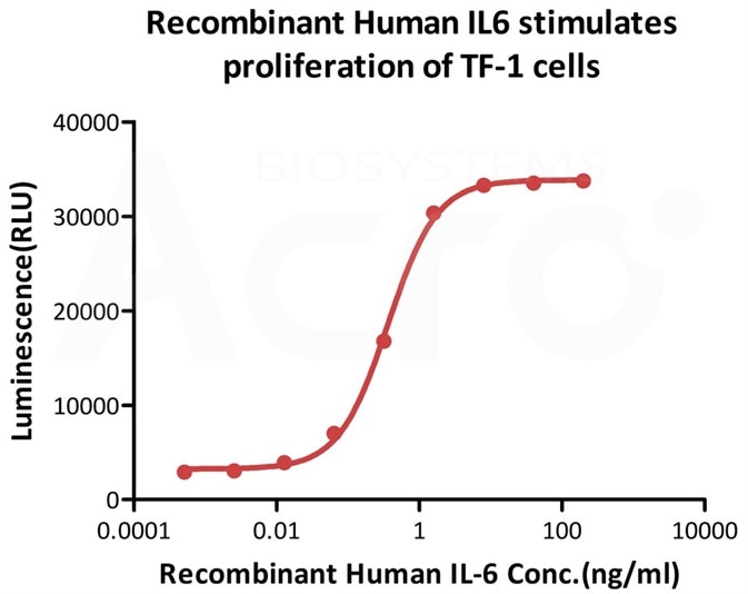 ActiveMax® Human IL-6, Tag Free (Cat. No. IL6-H4218) stimulates proliferation of TF-1 human erythroleukemic cell line. The EC50 for this effect is 0.2856-0.3636 ng/mL. ActiveMax® Human IL-6, Tag Free (Cat. No. IL6-H4218) stimulates proliferation of TF-1 human erythroleukemic cell line. The EC50 for this effect is 0.2856-0.3636 ng/mL.