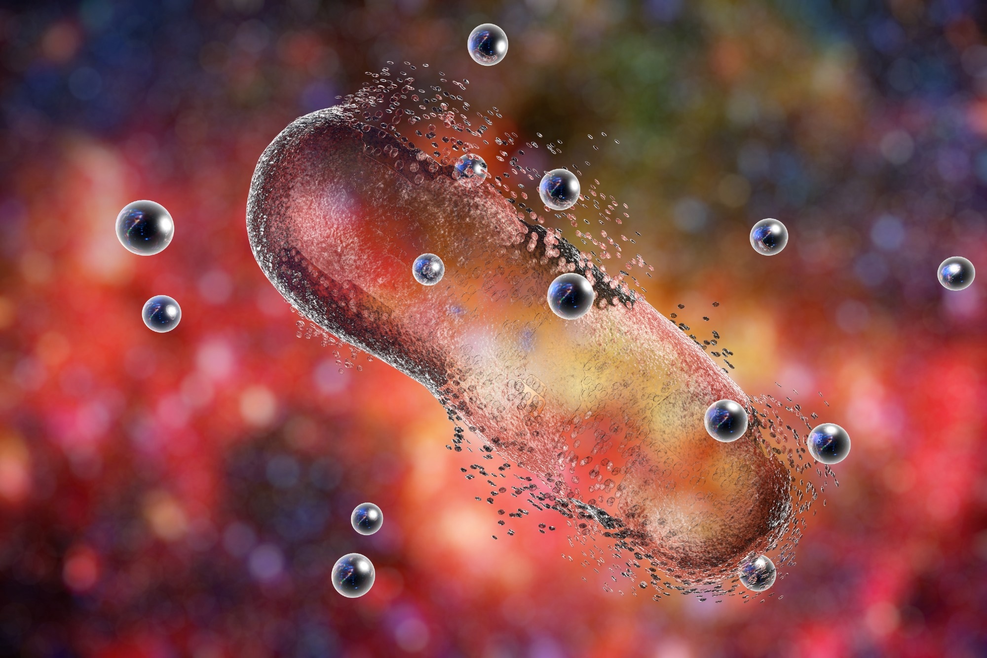 Destruction of a bacterium by silver nanoparticles.