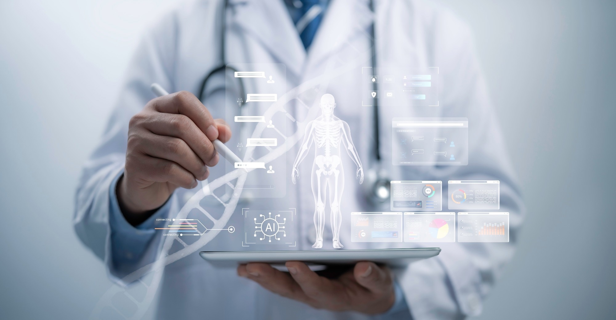 Medical worker touch virtual medical revolution and advance of technology Artificial Intelligence.