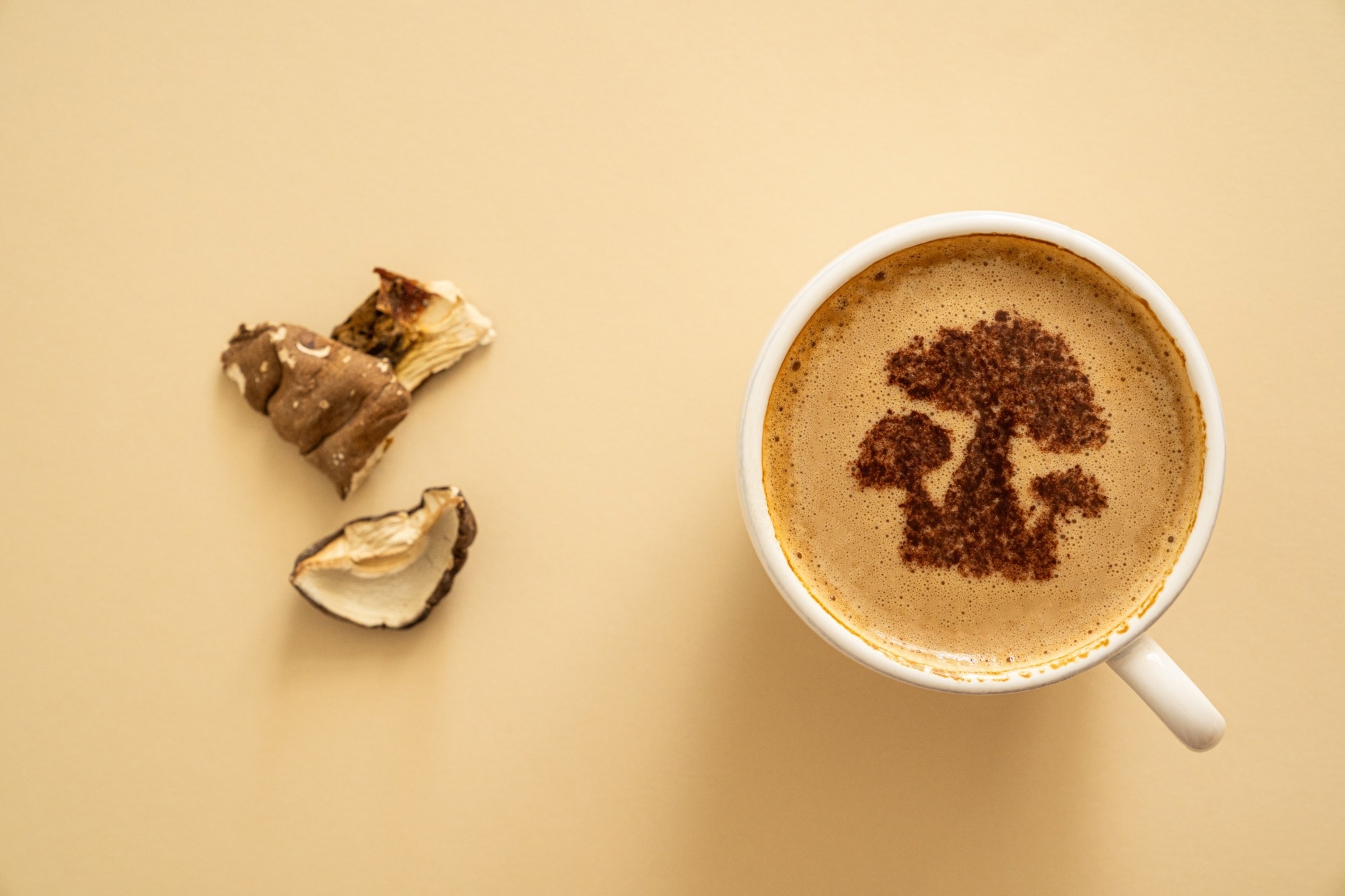 Mushroom coffee concept - mushroom shaped art on coffee cup.