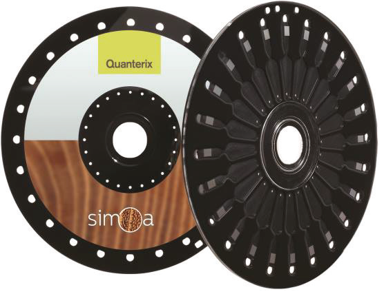 Simoa® disc containing 24 array assemblies arranged radially. Each array contains 216,000 femtoliter sized wells, which can contain individual beads with or without an associated immunocomplex