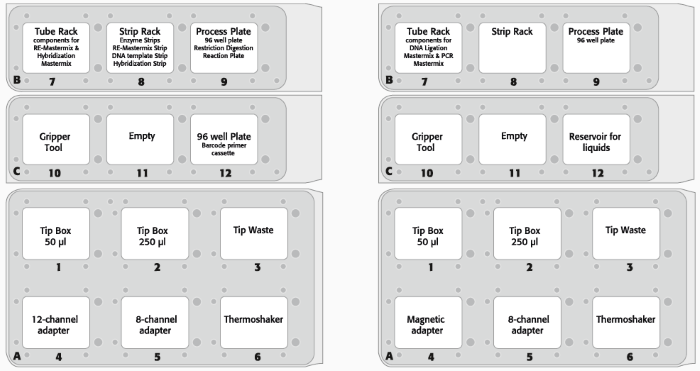 (A) Deck layout day 1 (protocol step 1–2) and (B) deck layout day 2 protocol step 3–8) of the CyBio FeliX platform using Agilent HaloPlex Target Enrichment System Kit