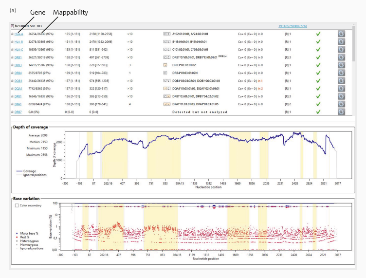 Two exemplary results (from preparations (a) and (b)) of HLA gene sequencing analysis using the GenDx NGSengine software. The top of both panels summarizes the analysis metrices for all sequenced genes from the two samples. The mappability for each gene to the reference sequences is displayed in the second table column. The middle graph ‘Depth of coverage’ illustrates the number of times that a specific base was read during the sequencing process across all nucleotide positions. The bottom graph ‘Base variation’ shows the frequency of variation in the bases at each position in the HLA gene and the determination between homozygous (dots) and heterozygous (cross) alleles. The horizontal line depicts 50 % base variation. The shaded yellow areas highlight the exon regions across the whole gene sequence. In this example, base variation below 10 % can be classified as signal noise (red dots), while higher base variation represents heterozygous bases (red and blue crosses) or homozygous positions on the top (blue dots).