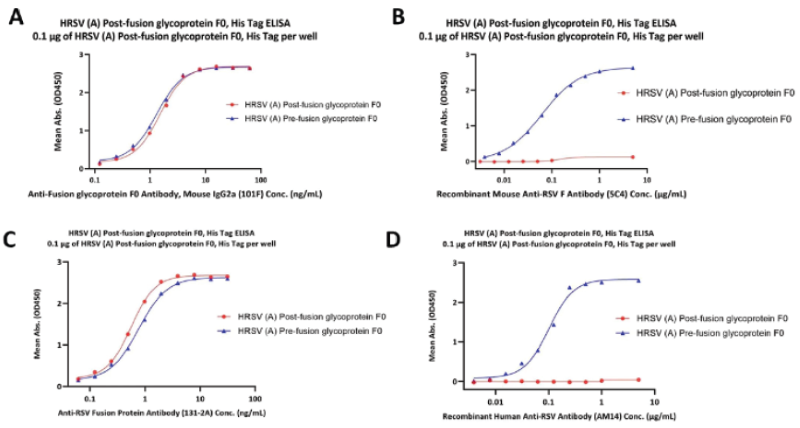 (Red) Immobilized HRSV Post-fusion glycoprotein F0, His Tag (Cat. No. RSF-V52H6) and (Blue) HRSV Pre-fusion glycoprotein F0, His Tag (Cat. No. RSF-V52H7)is coated onto each well at 1 μg/mL (100 μL/well) and exposed to (A) 101F, (B) 5C4, (C)131-2A, and (D) AM14 anti-fusion protein antibodies and detected using the relevant peroxidase-conjugated antibodies