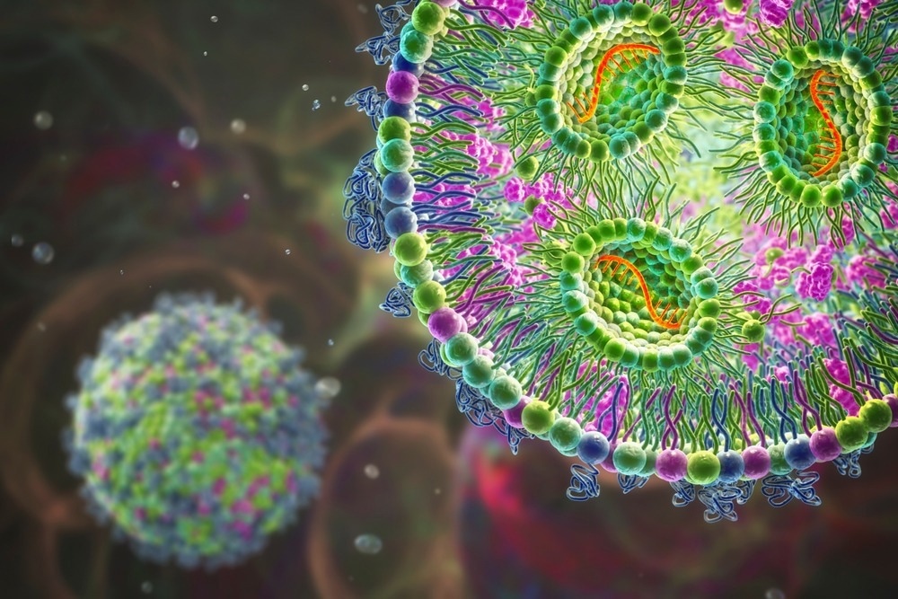 3D illustration showing cross-section of a lipid nanoparticle carrying mRNA of the virus