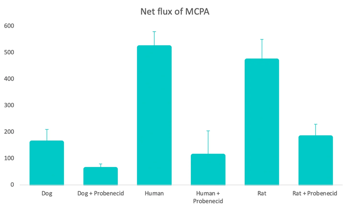 Net flux of MCPA (in ng/cm2/hr) through renal proximal tubule cell monolayers from rat, dog, or human donors. MCPA (50μg/ml) incubated for 90 min in the presence or absence of OAT1 inhibitor probenecid (200μM)