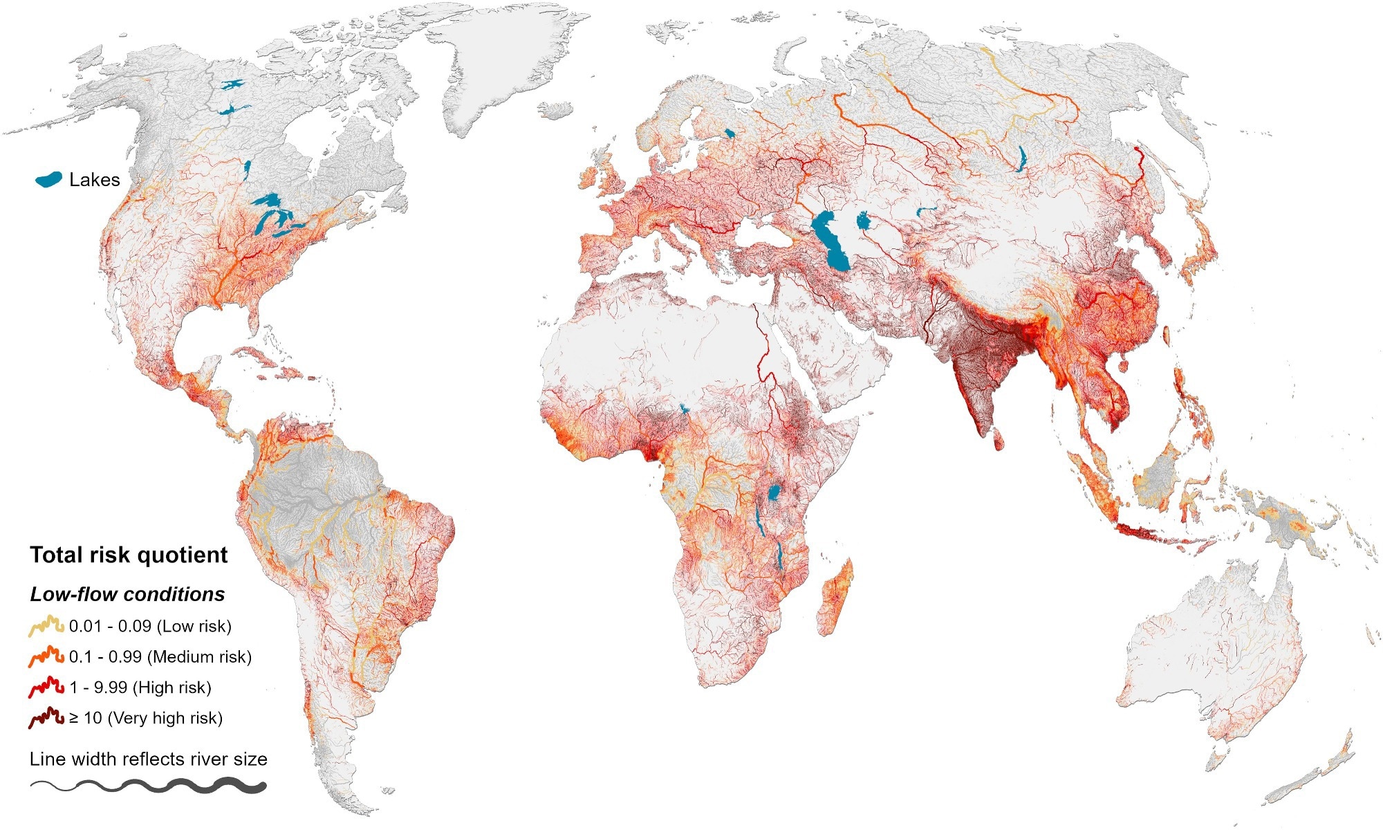 Environmental exposure levels of antibiotics in global rivers. Total risk quotient (RQtot) is calculated as the sum of individual risk quotients of all 40 antibiotics in the global river system under low-flow conditions. Rivers in gray present insignificant risk (RQtot < 0.01). Only rivers exceeding a long-term average flow of 0.1 m3 s−1 are shown.