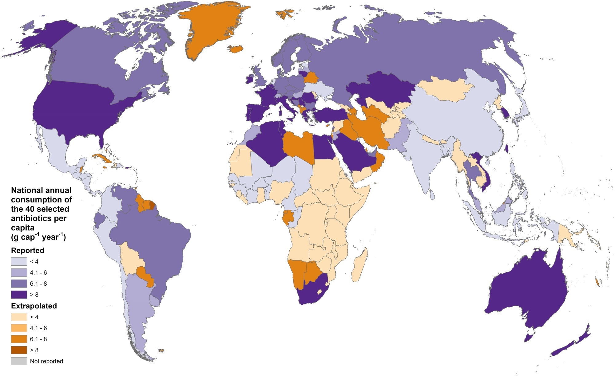 Annual consumption of the 40 antibiotics selected for inclusion in this study, aggregated by country. Reported values are from Klein et al. (20), and extrapolated values were calculated based on the methodology described in text.