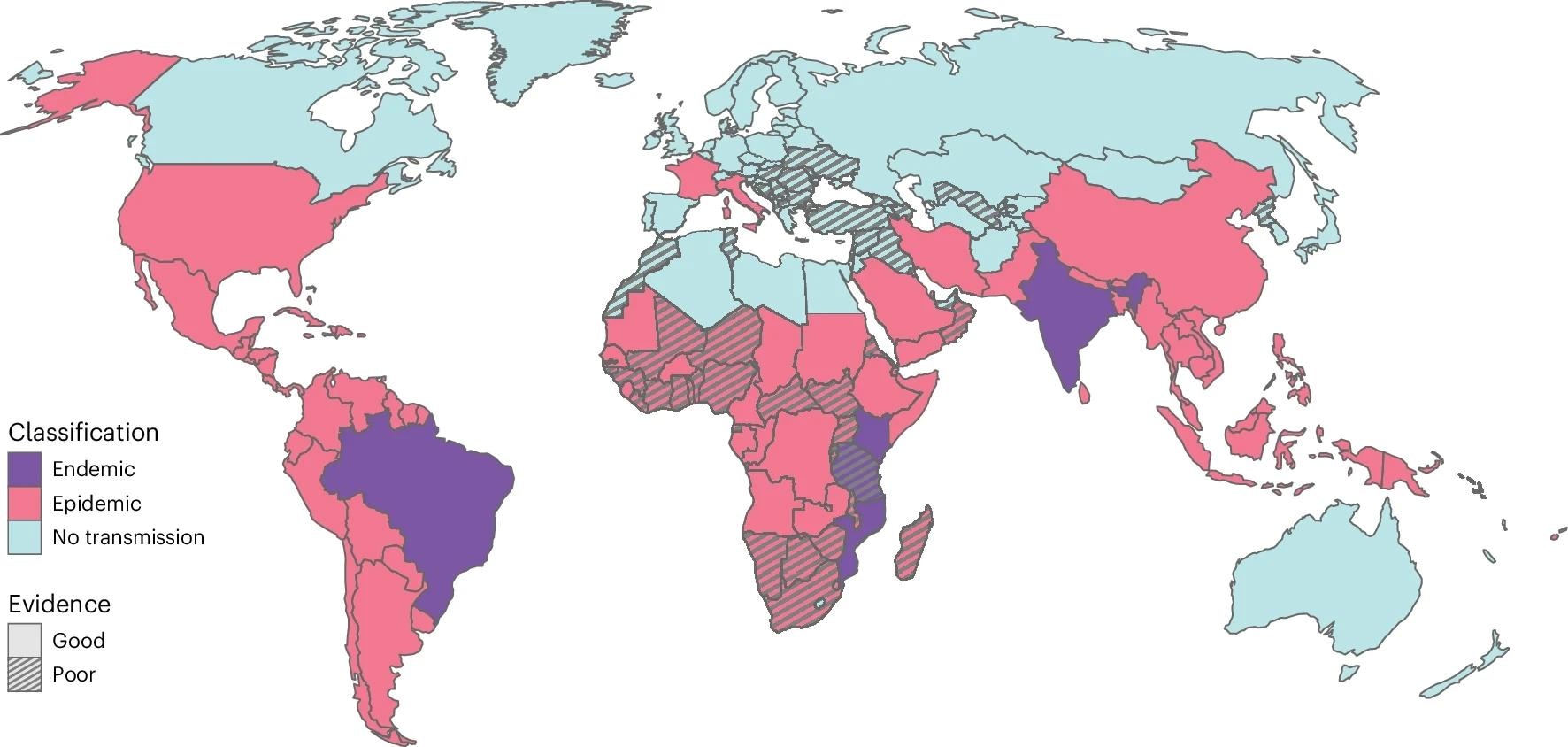 Endemic: CHIKV circulates persistently in the territory, with infections occurring every year. Epidemic: CHIKV circulates sporadically in the territory, with outbreaks being followed by years without detected circulation. No transmission: CHIKV does not circulate in the territory. Good evidence: Epidemiological data from disease surveillance and/or serological data and/or entomological data provide robust evidence for the given classification. Insufficient evidence: Epidemiological, serological, and entomological data do not provide robust evidence to support the given likely classification.